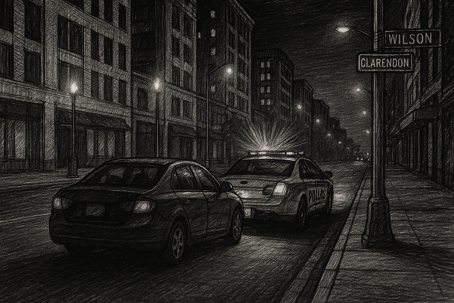 Black and white sketch of a police car pulling over a vehicle at night on Wilson Boulevard in Clarendon, Arlington VA, representing a DWI traffic stop