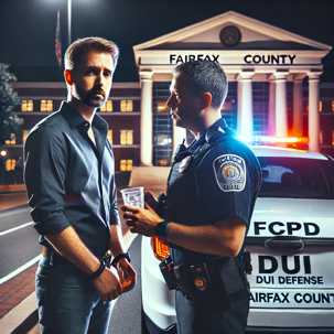 Fairfax County police officer conducting DUI field sobriety test outside Fairfax County Courthouse at night, with police car lights flashing — representing DUI defense services from a Fairfax DUI attorney.
