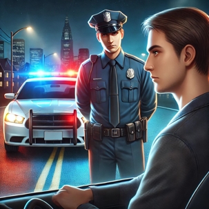 Driver pulled over by police at night in Fairfax County for reckless driving, with flashing police lights reflecting on the car.